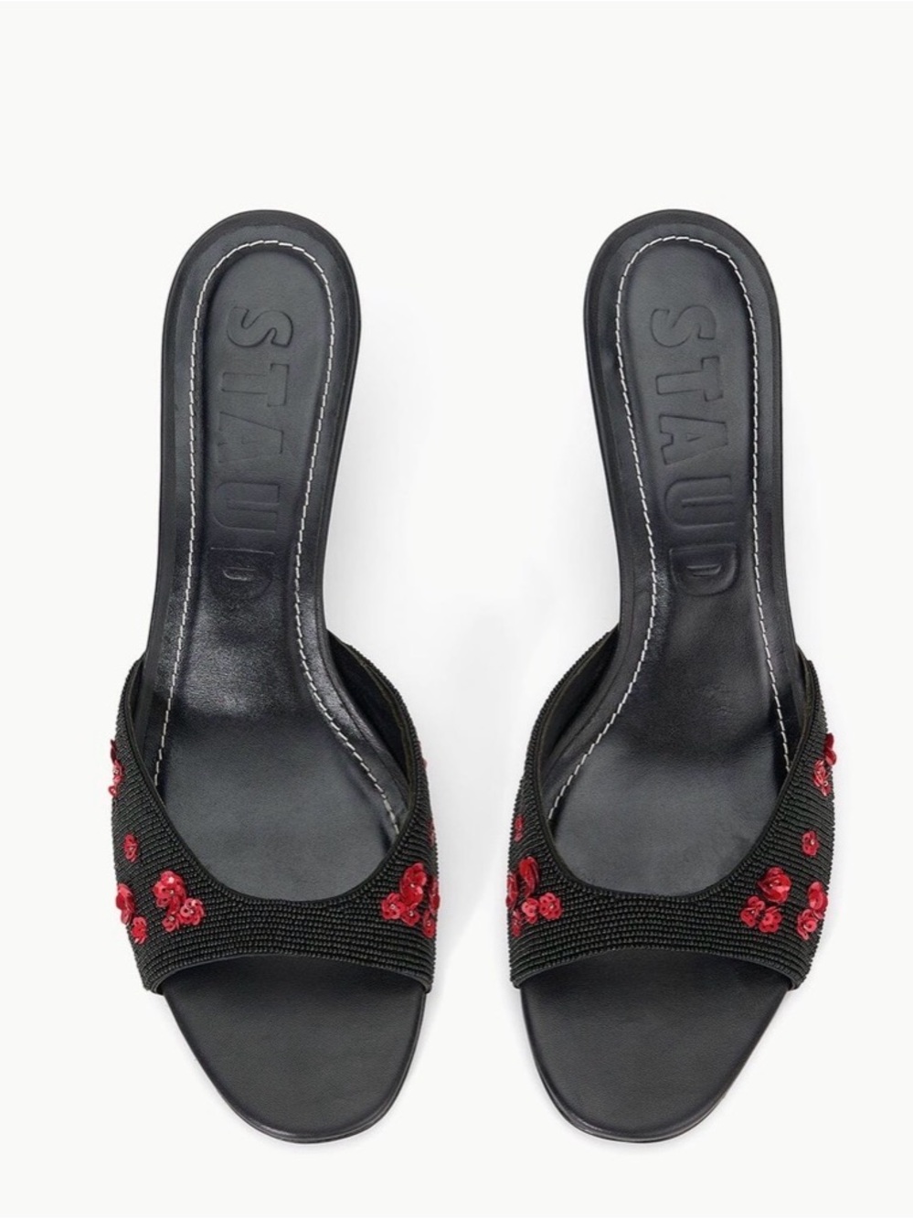 New - STAUD Brigitte Poppy Mules - Beaded Mule with Red Sequin Floral Accents - Picture 3 of 8